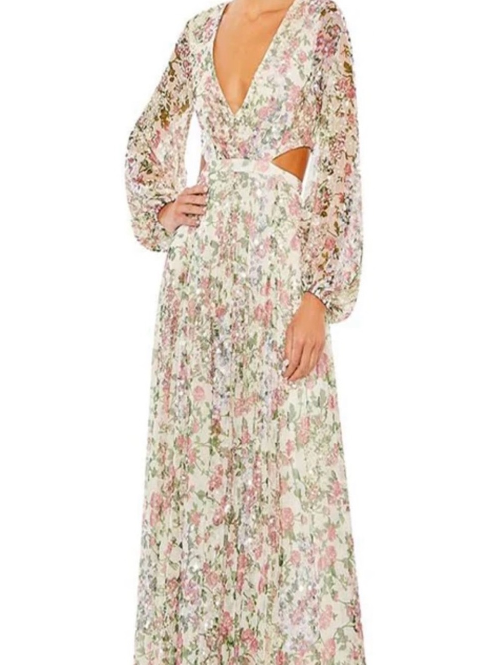 Mac Duggal Floral Maxi Dress in Ivory with Pink and Green Accents